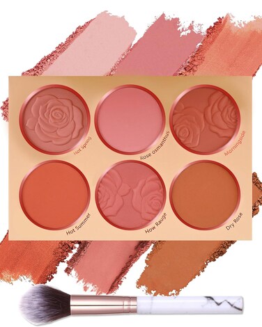 Matte Face Blush Palette with Brush-6 Color High Pigment Silky Mineral Blendable Blusher Contour Powder for Cheeks,Longlasting Facial Beauty Cosmetic,Women's Day Makeup Gift for Women Girl-Set 02