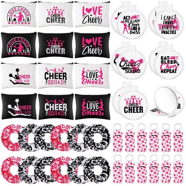 48 Pcs Cheer Gift Kit for Girls: 12 Canvas Makeup Bags, 12 Scrunchies, 12 Makeup Mirrors, 12 Lipstick/Lip Balm Keychains for Cheerleaders