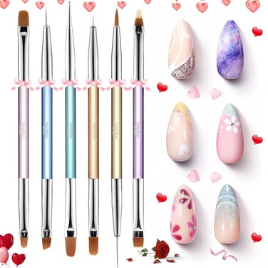Beetles 6 Pcs Gel Nail Art Brushes Set - Synthetic Fibers - Wood Handle - Oval Shape - DIY Manicure - Valentines Day Gifts for Women