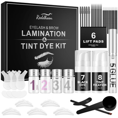 Lash Lift Brow Lamination and Tint Kit, Reddhoon 4 in 1 Eyebrow and Eyelash Perm Kit with Black Dye, Long-lasting for 6-8 Weeks, Safe &amp; Easy to Use at Home Salon