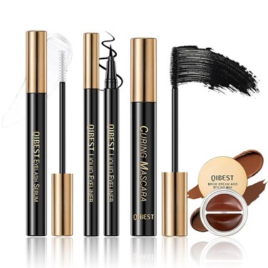 Eye Brow and Eye Makeup Kit, 4x Volume Mascara &amp; Lash Serum &amp; Liquid Eyeliner &amp; 2 in 1 Brow Cream, Long-lasting Curling Lashes Soft and Smooth Waterproof No Clumping Eye set