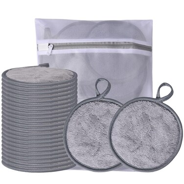 Large Reusable Makeup Remover Pads for Face, Soft Microfiber Makeup Remover Cloths Washable, Premiun 5 INCH Face Cleaning Pad with Laundry Bag, 24 Pack Grey