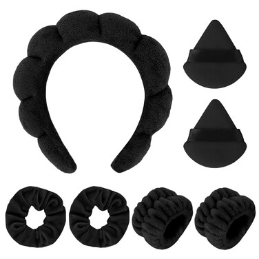 7Pc Headband and Wristband Set for Skincare, Face Washing, Makeup Removal - Includes Terry Cloth Headbands, Facial Sponges, and Powder Puffs in Black
