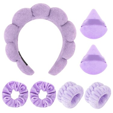 7Pc Puffy Spa Headband and Wristband Set for Washing Face, Skincare Headbands with Scrunchies, Powder Puffs, Sponge, Makeup Headband, Terry Cloth Headband for Mask Makeup Removal-Purple