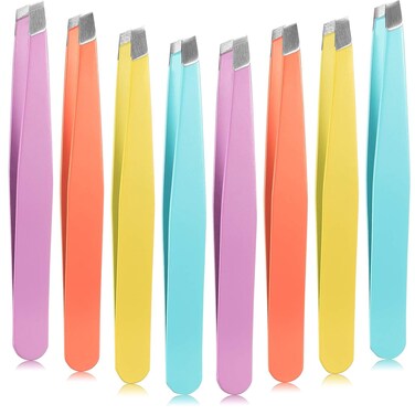 16 Pieces Slanted Tweezers, Eyebrow Slanted Tip Tweezers Precision Stainless Steel Eyebrow Tweezers for Eyebrows, Ingrown Hair, Facial Hair and Lash Extension (Orange, Purple, Blue, Yellow)