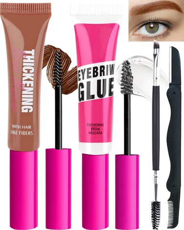 Waterproof Tinted Brow Gel Kit-Rich Auburn Thickening Eyebrow Mascara Gel &amp; Clear Setting Brow Glue,Brow Lift Fast Sculpt,Long Lasting Eye Makeup for Women,Light Medium Dark Brown With Tool-Set04