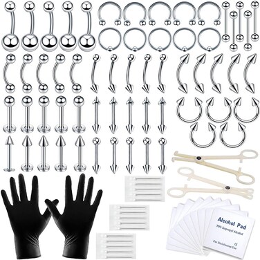 84 PCS Body Septum Piercing Kit 14G 16G Tools for Nose Tongue Lip Ear Eyebrow Belly Button Cartilage Tragus Industrial Barbell Helix Daith Piercing Jewelry Clamps