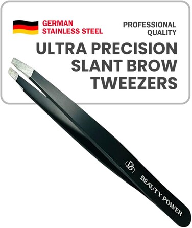 Professional Tweezers - Slant, Durable Lightweight German Stainless Steel, Ultra Precision Tweezers for Eyebrows, Facial Hair, Chin, and Ingrown Hair Removal - Gift (Matte Black)