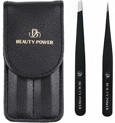 Professional Tweezers Set &ndash; Slant &amp; Point, Ultra Precision German Stainless Steel Tweezers for Eyebrows, Chin, Ingrown Hair &amp; Facial Grooming &ndash; Lightweight with Travel Case (Matte Black)