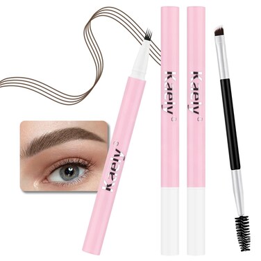 2 Pcs Dark Brown Magic Microblading Eyebrow Contouring Pen Brow Pencil, 2-in-1 Eyebrow Pencil with Brow Brush, Single-ended Eyebrow Brush, Hair Like Strokes, Natural Looking Eye Brow for Women, 02