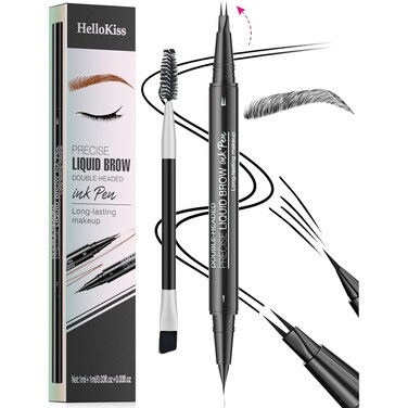 9708 2-Tip Double-Ended Eyebrow Pen, 2-in-1, with Eyebrow Brush. Waterproof and Sweat Proof,Precise Liquid Brow, 5 Shades, Long-Lasting(5#Black)