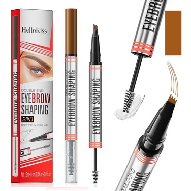 9705 2in1 Hilibrand 4-Pronged Dual-Ended Eyebrow Pencil&amp;Eyebrow Gel, 4-Pronged Ultra-Fine Realistic Eyebrow Pencil End, Eyebrow Setting Wax End, Waterproof, Sweatproof, Long-Lasting (1#Light Brown)