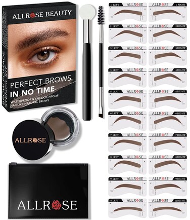 ALLROSE Eyebrow Stamp and Eyebrow Stencil Kit - Eye Brow Stamping Kit for Perfect Bushy Eyebrows, 20 Brow Stencils, Brow Stamp Trio Kit with Sponge Applicator, Waterproof Eyebrow Kit, Blonde