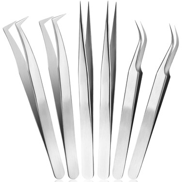 6-Pack Eyelash Extension Tweezers, Stainless Steel Straight Curved Tip Tweezers Single Eyelash False Eyelash Application Tools(Silver)