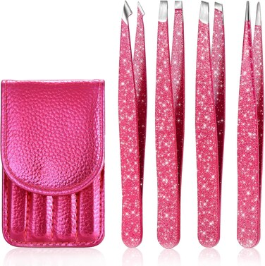 Eyebrow Tweezer Set, 4-Pcs Professional Stainless Steel Tweezers for Men and Women, Precision for Eyebrows, Ingrown Hair, Facial Hair, Lash Extension (Rose Red)