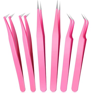 6-Pack Eyelash Extension Tweezers, Stainless Steel Straight Curved Tip Tweezers Single Eyelash False Eyelash Application Tools(Pink)