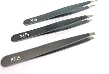 Ali's 3 Pieces Durable Stainless Steel Slant Pointed Flat-Tip Tweezer for Eyebrow Face Nose Hair Removal (Black)