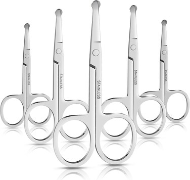 5-Piece Men Safety Rounded Tip Small Scissors for Mustache, Nose, Beard, Eyebrows, Eyelashes, and Ear Hair Cutting Scissors - Professional Stainless Steel Trimming Scissors