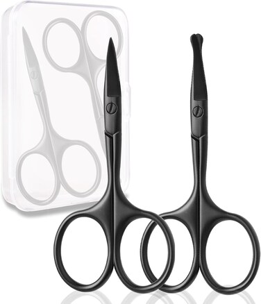 Eyebrow Scissors, Small Scissors for Men and Women, Grooming Scissors, Facial Hair Trimming Kit for Nose Hair, Mustache, Beard, Eyelashes, Ear - Curved Safety Blades with Rounded and Fine Tip