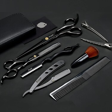 Hair Cutting Scissors Thinning Shears Kit for Haircutting, Fcysy Professional Barber Scissors Hair Scissors Set, Black Haircut Scissor Blending Shears Straight Edge Razor Barber Supplies for Men Women