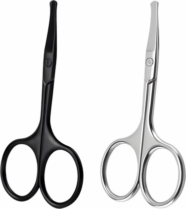 2 Pack 3.75" Premium Nose Hair Scissors, Curved Safety Blades with Rounded Tip for Trimming Small Details Facial Hair, Ear Hair, Eyebrow (Black and Silver)