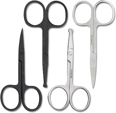 4 Pack Curved and Rounded Facial Hair Scissors Set Black and Sliver for Men Women - Mustache, Nose, Beard, Eyebrows, Eyelashes and Ear Hair Cutting Scissors - Stainless Steel Trimming Scissors