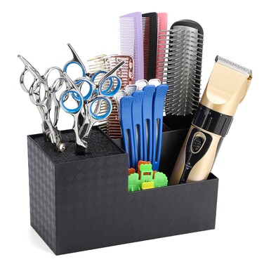 Segbeauty Scissor Stand Large, 6 Grid Salon Hairdressing Barber Supplies Organizer Holder, Professional Hair Cutting Tools Storage Case for Scissor Comb Hair Brush Barber Accessories Black
