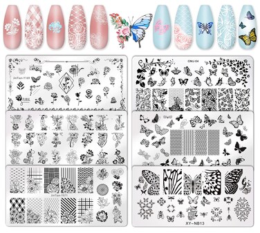Whaline 6Pcs Flower Butterfly Nail Art Plates Rectangular Floral Stamping Plates Butterfly Image Stamp Templates Stamping Kit for Women Spring Summer DIY Print Manicure Salon Design Gift