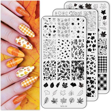 AnyDesign 3 Sheet Fall Thanksgiving Nail Art Stamping Plates Kit Assorted Maple Leaves Plaid Autumn Blessings Collection Nail Art Plate for Autumn Thanksgiving Nail Art Design DIY Print Manicure Salon