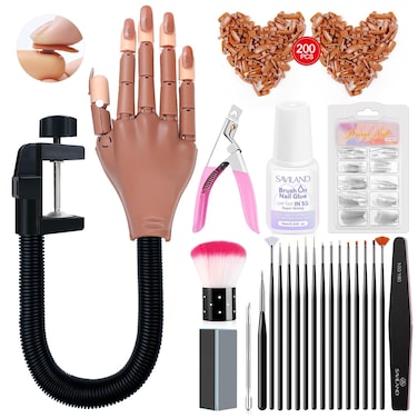 Saviland Practice Hand for Acrylic Nails, Flexible Moveable Fake Hands, Manicure Trainng Hand Nail Kit for Beginners, Movable Nail Maniquin Hand with 200PCS Nail Tips, Nail Glues, Brush and Clipper