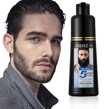 Mens Black Beard Dye Shampoo 5 Minutes, 3 In 1 Gray Reducing Mixing Free Beard Color Shampoo, Mustache Grooming Hair Dye for Men, 200ml