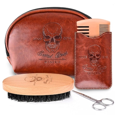 Beard Brush and Comb Set, Boar Bristle Hair Beard Brush Kit with Small Leather Travel Toiletry Bag Case for Men, Include Men's Wooden Mustache Comb &amp; Nose Hair Scissors