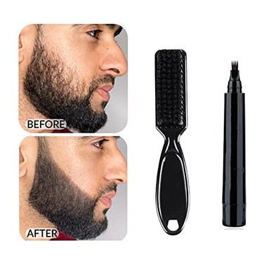 VERONNI Black Beard Thickener Kit with Micro-Fork Tip Applicator and Bristle Brush - Long Lasting Moustache and Eyebrow Filler for Men (Black)
