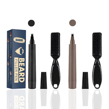 2 Pack Beard Pencil Filler for Men 4 Head Beard Filler Pen with Beard Brush Kit Beard Shaping Tool Waterproof Creates Natural Beard and Brows（Black，Dark Brown）