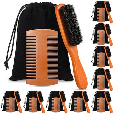 10 Sets Natural Boar Bristle Brush, Pear Wood Dual Sided Wide Tooth Comb with Travel Pouch - Beard Grooming Kit for Men's Beard Care, Valentine Gift (Long Handle)