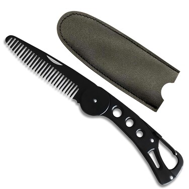 Stainless Steel Folding Beard Comb - Portable Multifunction Anti Static Comb with Leather Cover for Men Grooming, Combing Hair, and Mustache Styling