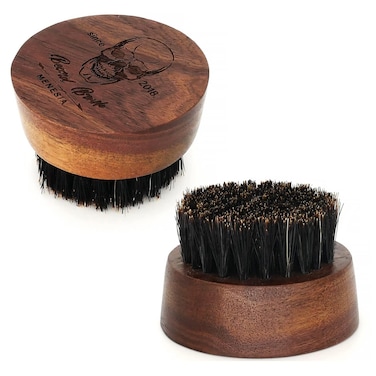 Small and Round Beard Brush, Pocket Travel Men's Wooden Boar Bristle Hair Beard Mustache Brush for Men (Skull)