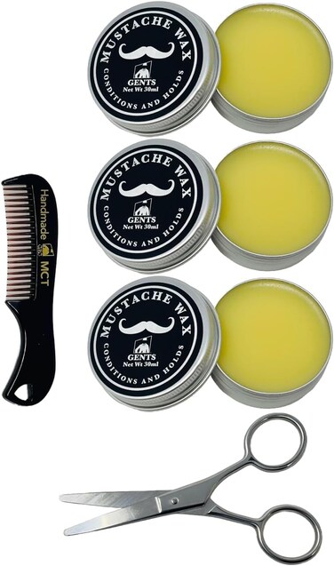 G.B.S Mustache Wax Extra Strong Hold Fragrance Free Inlcudes Handmade Mustache Comb and Trimming Scissors (3 Pack)