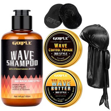 360 Wave Shampoo Wave Pomade Strong Hold 360 Wave Training Hair Cream, Wave Butter for Men Pocket Palm Brush Curved Wave Brush for Men Silky Durags for Men Extra Long Tails Wave Brush Wave Cap Set