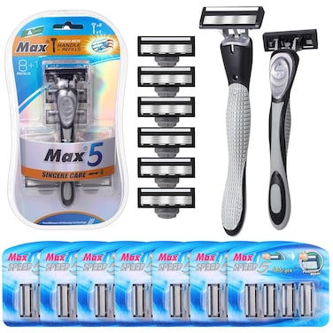 37 Pcs Refillable 5 Blade Disposable Razors for Men Sensitive Skin Razor Men's Disposable Razors Refillable Razors Set Shaving Kit, 1 Men's Razor Handle and 36 Cartridges