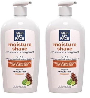 Kiss My Face Cedarwood + Bergamot Moisture Shave - 4 In 1 Shaving Cream - Cruelty Free and Vegan - With added Olive Oil and Aloe Leaf Extract - Vitamin E Rich - 11 fl oz Pump Bottle (Pack of 2)