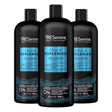 TRESemm&eacute; 3-in-1 Shampoo, Conditioner, &amp; Detangler Clean &amp; Replenish Pack of 3 to Cleanse, Condition, &amp; Detangle, with Pro Vitamin C &amp; Green Tea, 28 oz
