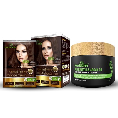 Herbishh Hair Color Shampoo for Gray Hair Chesnut Brown + Argan Hair Mask-Deep Conditioning 150 gm