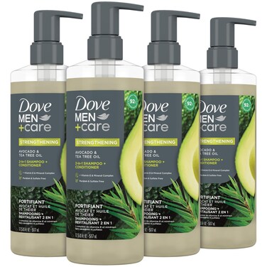 Dove Men+ Care 2-in-1 Shampoo &amp; Conditioner, Avocado &amp; Tea Tree, Strengthening &ndash; Men&rsquo;s Shampoo &amp; Conditioner, Sulfate-Free, with Vitamin E, Zinc &amp; Copper for Strong, Healthy Hair, 17.5 Oz (Pack of 4)