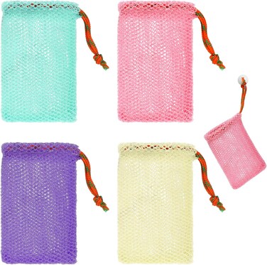 4 Pack Soap Savers, Exfoliating Mesh Soap Pouch, Foam Net Soap Saver Sack Drawstring Holder Bags, Mesh Foaming Bag Bubble Mesh Bags for Bath and Shower (Multicolor)