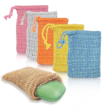 6PCS Sisal Soap Bags, Pouch Soap Saver for Foaming and Drying, Hangable Exfoliating Soap Pouch with Drawstring for Shower Bath (3.5''x5.5'', Red, Yellow, Orange, Blue, Brown, Beige)