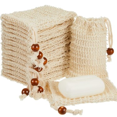 Cunhill 40 Pack Sisal Soap Saver Bag Exfoliating Soap Pouch with Drawstring Bar, Wooden Bead Foaming and Drying Exfoliating Net for Bath and Shower