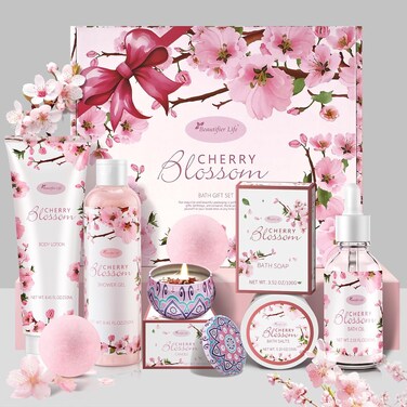 Bath and Body Gift Set for Women &amp; Girls - Japanese Cherry Blossom 7-Piece Luxurious Home Spa Gift Set with Shower Gel, Body Lotion, Bath Oil, Bath Salts, Soap, Bath Bombs, and Candle