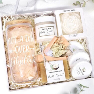 Spa Gift Baskets for Women, Sweet Coconut Birthday Gifts Baskets for Women, Spa Kit Gift Box, Bath and Body Relaxing Gift Set for Mother Wife Sister Friends with Glass Cup Salt Scrub Shower Steamers