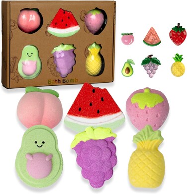 6 Fruit-Shaped Bath Bombs Gift Set XL Handmade with Some Natutal Ingredients, Bath Ball with Surprise Inside for Kids Age 3+, Teen Girls, Boys and Adults for Birthdays, or Any Occasion